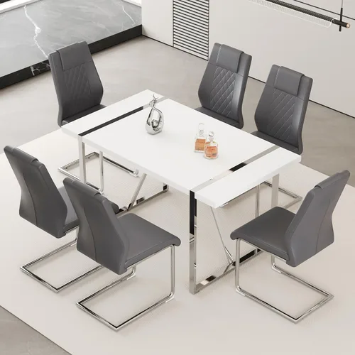Vista 17 de Juego de mesa de comedor moderna de 55 pulgadas para 4, mesa de comedor negra y marco de metal dorado, mesa de comedor rectangular con 4 sillas