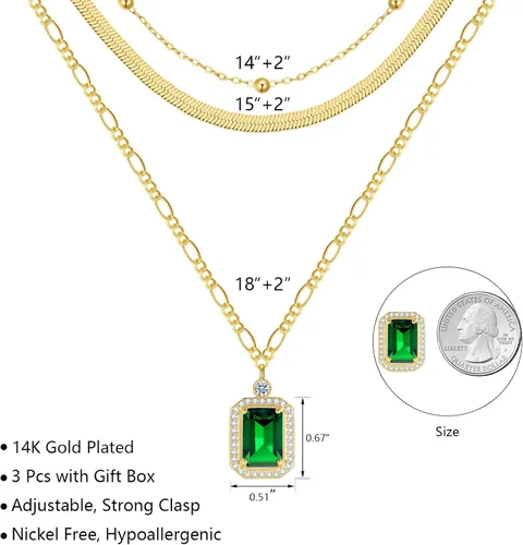 Vista 4 de Collares para mujer chapados en oro, esmeralda, corazón, apilable, gargantilla de cadena delicada, joyería para mujer, regalos simples