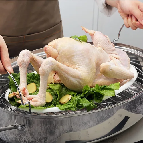 Vista 3 de Vaporizador de pescado de acero inoxidable – Utensilios de cocina ovalados resistentes con estante y tapa, olla para cocinar pescado al vapor, sopa
