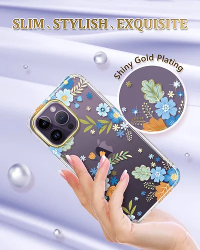 Vista 2 de Funda diseñada para iPhone 14 Pro con protector de pantalla + protector de lente de cámara, chapado en purpurina con flores, a prueba de golpes Azul