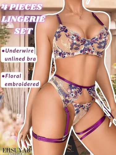 Vista 2 de EHSUYAB Lencería elegante para mujer, bordado colorido, 4 piezas liguero Boudoir
