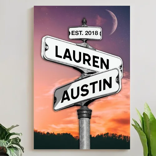 Vista 14 de Mapileng Lienzo personalizado de Crossroads Street Sign para parejas, nombres personalizados y fecha, arte de pared vintage, regalo del día de San