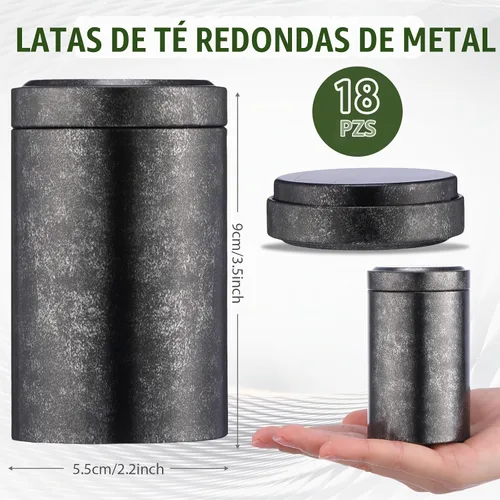 Vista 2 de meekoo 18 latas de té para té suelto de 6 onzas herméticas a granel con tapas, tarros de té de metal, pequeños recipientes redondos de Negro