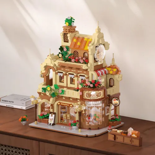 Vista 7 de INSOON City Bakery Cafe House - Set de construcción de casa con luz, 1289 piezas de juguete de bloques de construcción de panadería con sala