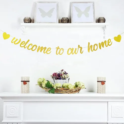 Vista 4 de Starsgarden Cartel dorado con purpurina "Welcome to Our Home" para inauguración de la casa, decoración militar patriótica, suministros para fiestas