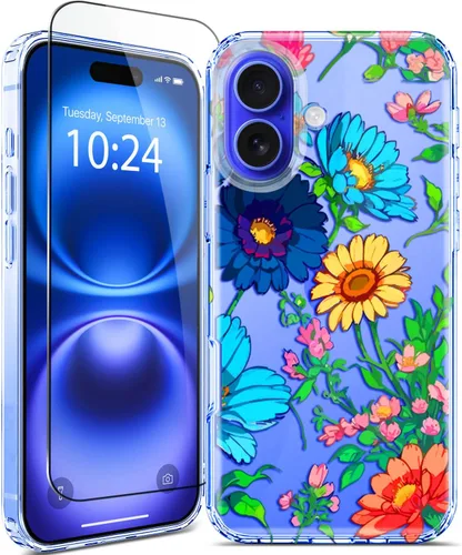 Vista 18 de Funda para iPhone 16, con protector de pantalla, linda para mujeres y niñas, funda protectora de grado militar de 10 pies para iPhone 16, funda