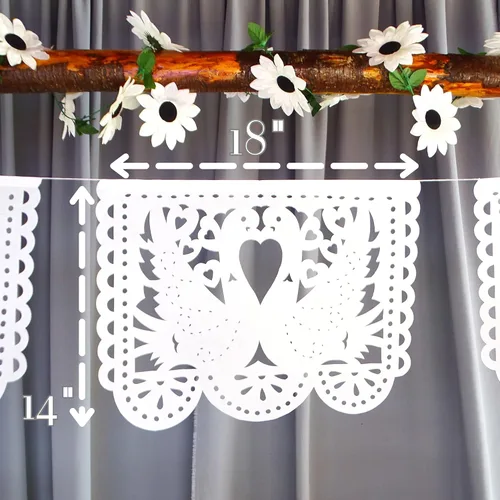 Vista 4 de Guirnaldas de boda de papel picado, decoraciones de boda mexicanas, banderas de papel picado blanco para bodas, despedidas de soltera, pancartas