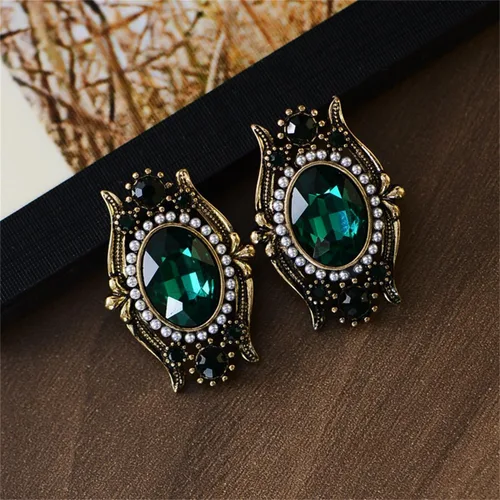 Vista 3 de Vintage Green CZ Stud Earrings for Women Antique Gold-Toned Cubic Zirconia Oval Crystal Shell Pearl Drop Studs Earring Boho Victorian Style Hollow
