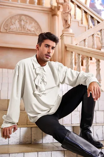 Vista 3 de Bbalizko Camisa de Pirata para Hombre con Volantes Victoriana Renacentista Steampunk Vampiro Poeta Camisas Góticas Disfraz Medieval