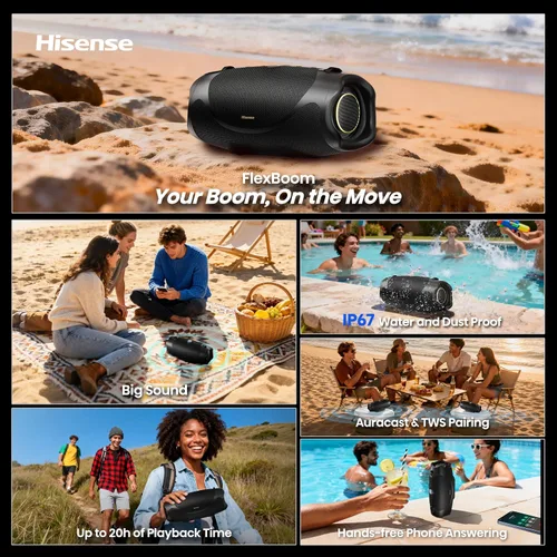 Vista 3 de Hisense FlexBoom - Altavoz Bluetooth portátil, IP67 impermeable, a prueba de polvo y golpes, hasta 80 W de gran sonido, Bluetooth 6.0, Auracast, TWS