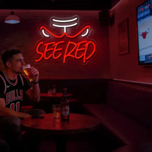 Vista 2 de Letrero de neón rojo con eslogan de los toros de la NBA para decoración de pared, letrero de baloncesto con USB regulable, luces LED de neón