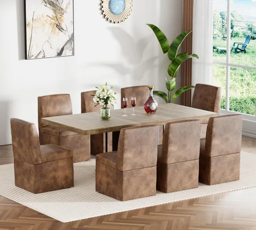 Vista 21 de Juego de mesa de comedor extensible para mesa de cocina extensible de 4, 5 piezas y 4 sillas de almacenamiento ocultas de lino tapizadas de madera