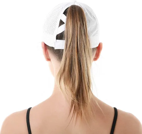 Vista 6 de Koreshion Gorra de béisbol para mujer, con diseño de cola de caballo cruzada, ajustable, de secado rápido, con moño, de malla