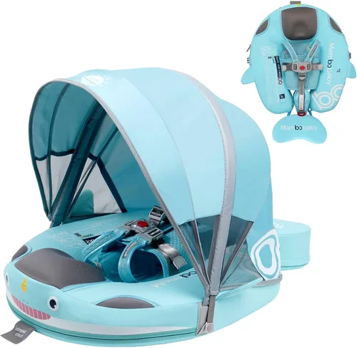 Vista 19 de Mambobaby Flotador para bebé con toldo y cola, flotador no inflable para piscina, correa de seguridad ajustable, entrenador de natación para niños