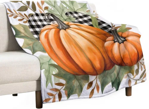Vista 47 de Manta de lana cuadriculada con diseño de calabaza, hojas de arce, Acción de Gracias, manta de cama para otoño, Acción de Gracias, ligera, súper