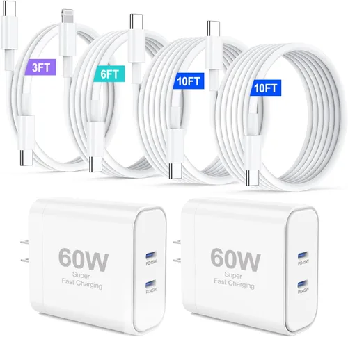Vista 11 de Cargador para iPhone 17, 45 W de carga rápida USB C de doble puerto con cable de carga tipo C de 3/6/10/10 pies, adaptador rápido PD 3.0 para iPhone