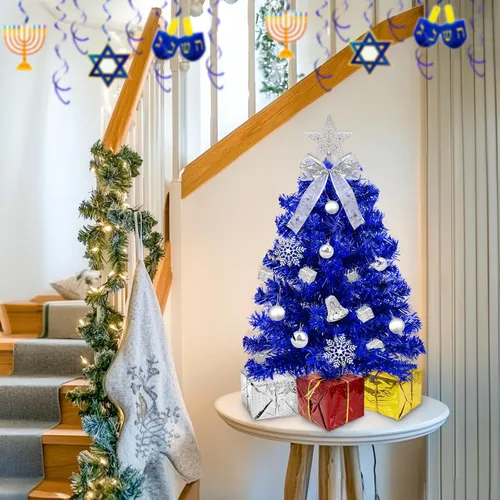 Vista 6 de Timer - 24 Inch/2 FT Blue Tabletop Christmas Tree with Lights 8 Modes Mini árbol de Navidad pequeño, 20 luces blancas cálidas, 20 cajas de Azul