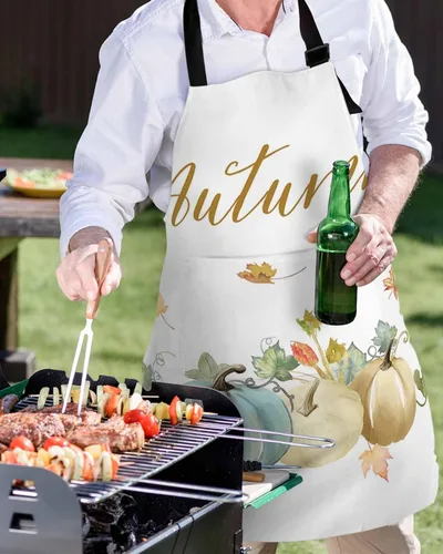 Vista 5 de Waterproof Apron with 2 Pockets, Thanksgiving Fall Pumpkin Watercolor Adjustable Man and Women Kitchen Bib Apron for Baking Cooking Restaurant BBQ