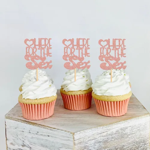 Vista 3 de Ercadio Paquete de 24 adornos para cupcakes sexuales, color oro rosa, con purpurina para cupcakes sexuales, para revelación de género, para baby