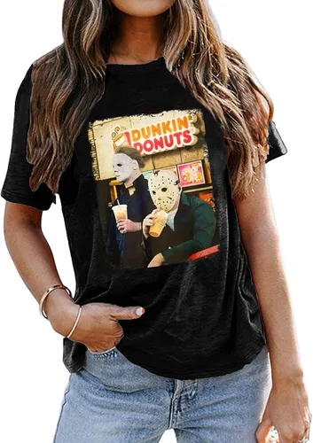 Vista 2 de Camiseta de películas de terror para mujer, Michael Myers Jason Scary Killers, camiseta de fiesta de Halloween, camiseta de regalo de películas