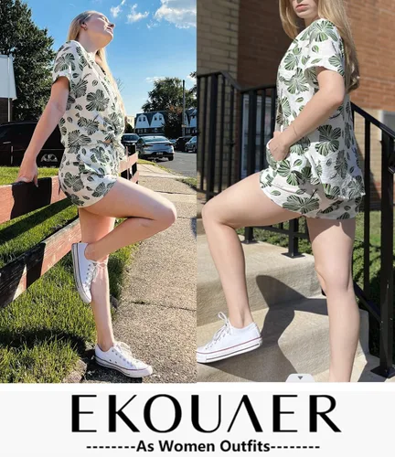 Vista 4 de Ekouaer Conjunto de 2 piezas de pantalones cortos de playa con estampado suelto y botones para mujer