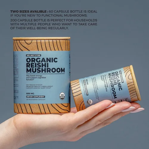 Vista 3 de Cápsulas de suplemento de hongos orgánicos Reishi Extracto de ganoderma, suplemento de apoyo inmunológico Aumenta la energía, combate la fatiga