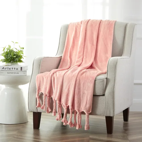 Vista 3 de Homiest Manta de forro polar con flecos, suave y acogedora manta de franela rosa claro, manta decorativa ligera para sofá, cama, silla para todas
