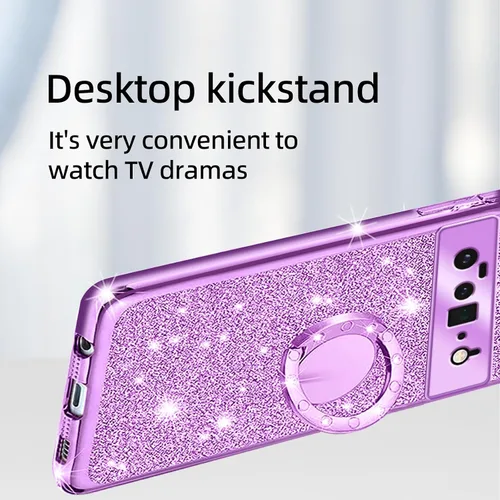 Vista 5 de Funda compatible con Google Pixel 6 Pro para mujer, con purpurina, suave, elegante, transparente, TPU de lujo, bonita funda protectora con correa
