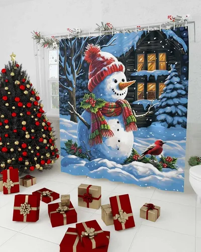 Vista 3 de Cortina de ducha con diseño de cardenales de muñeco de nieve para baño, casa de nieve de Navidad, pájaros rojos, lindo muñeco de nieve, sombrero