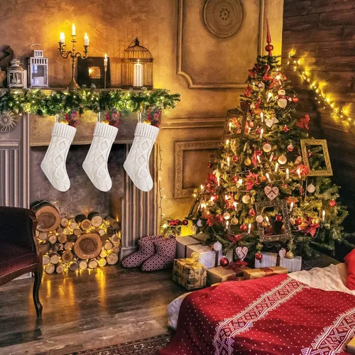 Vista 2 de Paquete de 3 medias de Navidad, 14 pulgadas, calcetines de punto trenzado, regalos y decoración para vacaciones familiares, decoración de fiesta