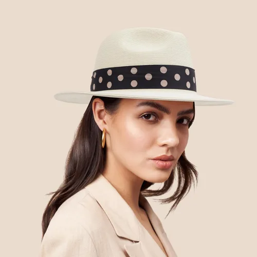 Vista 2 de Pineapple&Star Sun Straw Fedora Beach Hat Fine Braid UPF50+ for Women Dottiblue