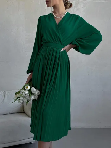 Vista 2 de PRETTYGARDEN Vestido Midi de Primavera para Mujer con Manga Larga Abombada, Cuello en V Envolvente, Fluido, con Volantes Plisados, Vestidos Casuales