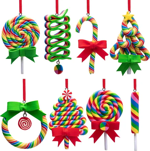 Vista 10 de codree 8 piezas Adornos colgantes de piruleta de Navidad - Adornos de caramelo para árbol de Navidad - Adorno de arcilla polimérica de caramelo