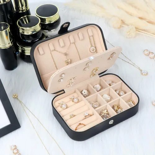 Vista 7 de Joyero de viaje, pequeñas cajas organizadoras de joyas para mujeres y niñas, estuche de joyería de viaje de 2 capas, mini soporte portátil