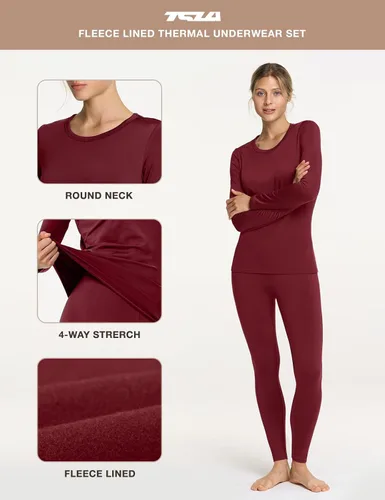Vista 9 de TSLA Conjunto de ropa interior térmica para mujer, vellón suave, pantalones largos, primera capa cálida para invierno, parte superior e inferior