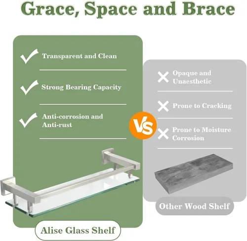 Vista 6 de Estantes de vidrio Alise para pared de baño, estante de baño de vidrio templado montado en la pared, estantes flotantes modernos que ahorran espacio