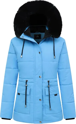 Vista 10 de MOERDENG Abrigo de plumas de invierno cálido para mujer, chaqueta de plumón con forro polar grueso, capucha desmontable de piel sintética, parka