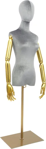 Vista 10 de Maniquí femenino de terciopelo con brazos y base dorados, altura ajustable de 59 a 79 pulgadas, soporte de exhibición de medio maniquí