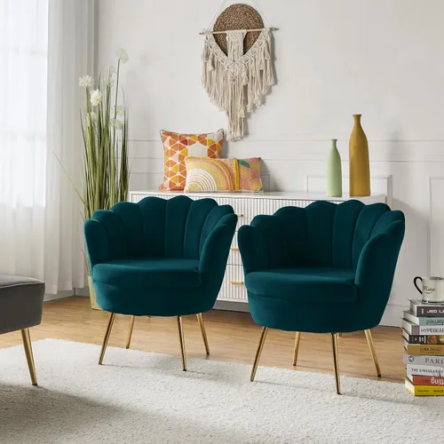 Vista 18 de HULALA HOME Silla decorativa moderna de terciopelo con respaldo en forma de concha, bonito sillón para sala de estar, dormitorio con patas doradas