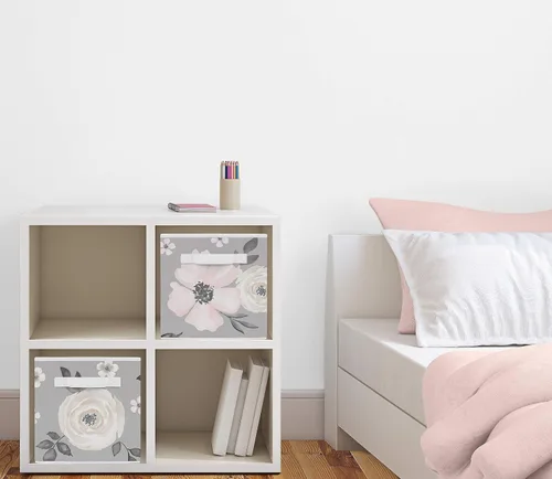 Vista 2 de Sweet Jojo Designs Cajas de almacenamiento plegables de tela con diseño floral de acuarela gris, cajas organizadoras de juguetes para niños y bebés