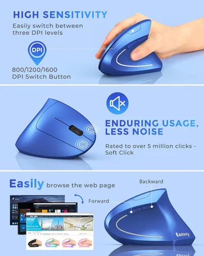 Vista 5 de Lekvey Ratón ergonómico, recargable 2.4G USB vertical inalámbrico, azul