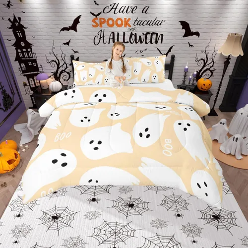 Vista 25 de Castle Fairy Happy Halloween - Juego de edredón para niños, tamaño Queen, juego de ropa de cama con diseño de fantasmas de dibujos animados rosa