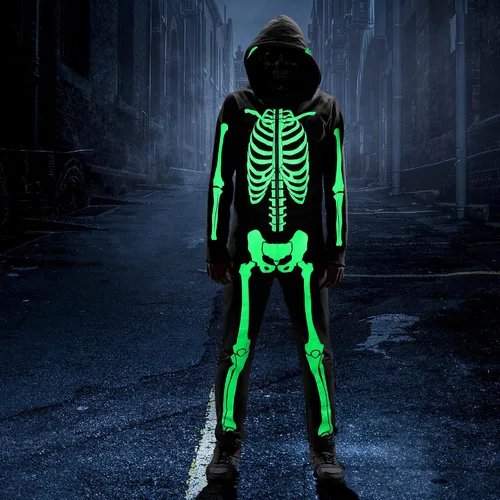 Vista 6 de SOMSOC Disfraz de esqueleto de Halloween para hombre que brilla en la oscuridad para adultos, pijama de calavera de Halloween, conjunto de overol
