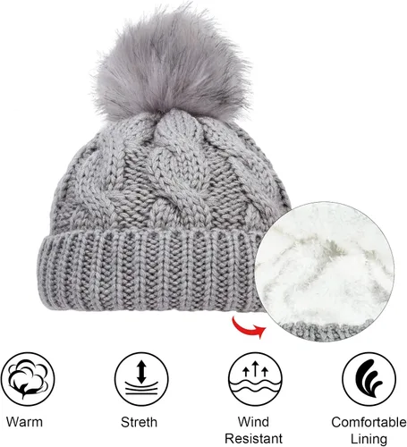 Vista 3 de YSense Wear 2 Pack Toddler Kids Winter Warm Fleece Lined Beanie Hats for Boys and Girls Crochet Hairball Knit Cap 1-6 Years