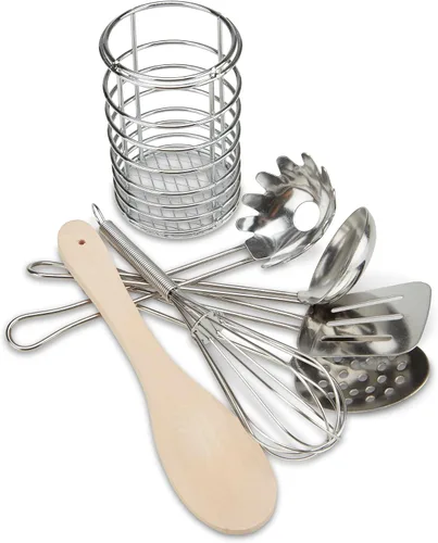 Vista 4 de Melissa & Doug utensilios de cocina para revolver y servir, 7 piezas de acero inoxidable y madera.