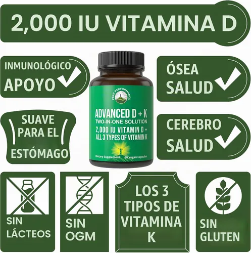 Vista 3 de Peak Performance Vitamina D avanzada de 2000 UI con los 3 tipos de vitamina K, vitamina D3 y vitamina K2, K1, MK-7 (MK7), suplementos MK4 - 60