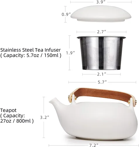 Vista 3 de Tetera ZENS con infusor, tetera de cerámica japonesa de 2 tazas para té de hojas sueltas, tetera de porcelana mate blanca pequeña de 800 ml