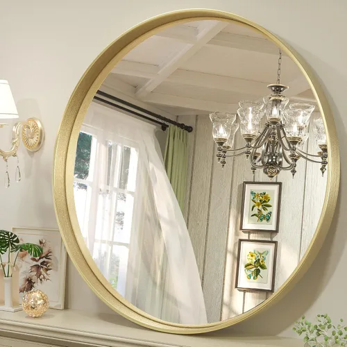 Vista 100 de Espejo de marco dorado cepillado de 16 x 24 pulgadas, espejo de tocador de baño de latón dorado para pared, espejo enmarcado rectangular de esquina