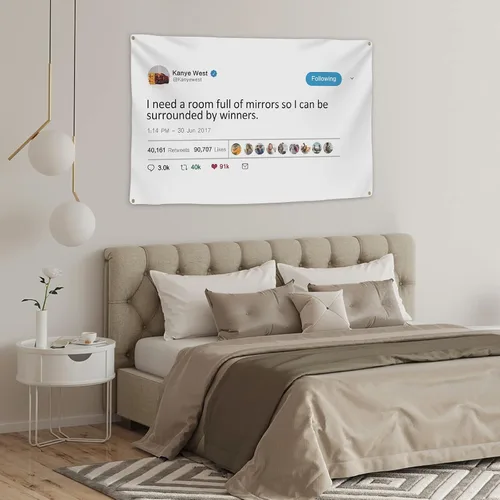 Vista 4 de Kanye - Banderas de tweet para tapiz, Necesito una habitación llena de espejos con herramienta de instalación, banderas divertidas para habitación