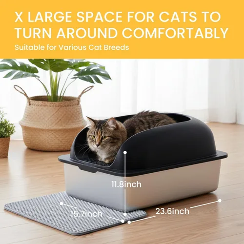 Vista 6 de Simple Deluxe Caja de arena XL para gatos de acero inoxidable con tapa, bandeja de arena de metal de alta cara para gatos grandes, a prueba